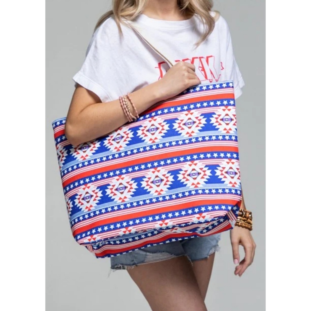 Large red white and blue boho stars and stripes tote/beach bag